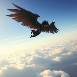 A winged black-haired man flying far and high in the sky, reminiscent of the MMORPG Aion