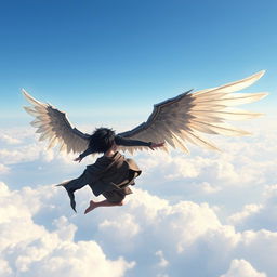 A winged black-haired man flying far and high in the sky, reminiscent of the MMORPG Aion