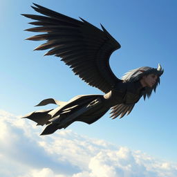 A winged black-haired man flying far and high in the sky, reminiscent of the MMORPG Aion