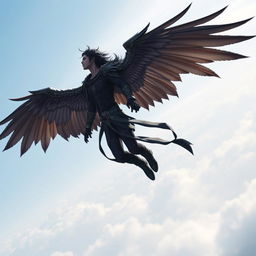 A winged black-haired man flying far and high in the sky, inspired by the MMORPG Aion