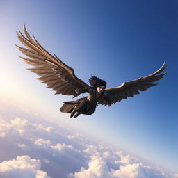 A winged black-haired man flying far and high in the sky, inspired by the MMORPG Aion