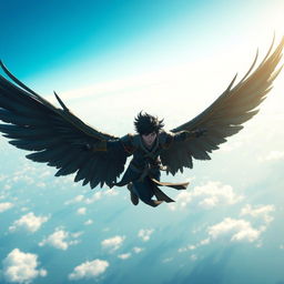 A winged black-haired man flying far and high in the sky, inspired by the MMORPG Aion