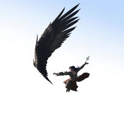 A winged black-haired man flying far and high in the sky, inspired by the MMORPG Aion