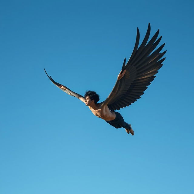 A winged black-haired man flying far and high in the sky