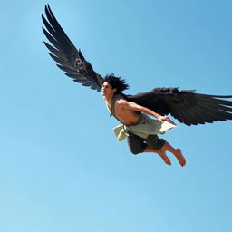 A winged black-haired man flying far and high in the sky