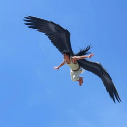 A winged black-haired man flying far and high in the sky