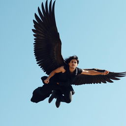 A winged black-haired man flying far and high in the sky