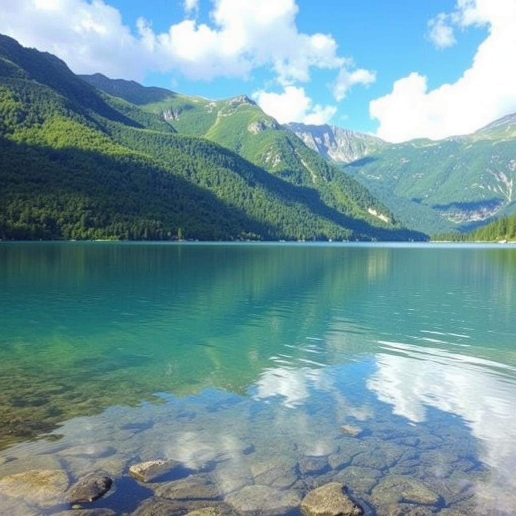 A serene landscape featuring a crystal-clear lake surrounded by lush green mountains and a bright blue sky with fluffy white clouds