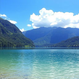 A serene landscape featuring a crystal-clear lake surrounded by lush green mountains and a bright blue sky with fluffy white clouds