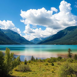 A serene landscape featuring a crystal-clear lake surrounded by lush green mountains and a bright blue sky with fluffy white clouds