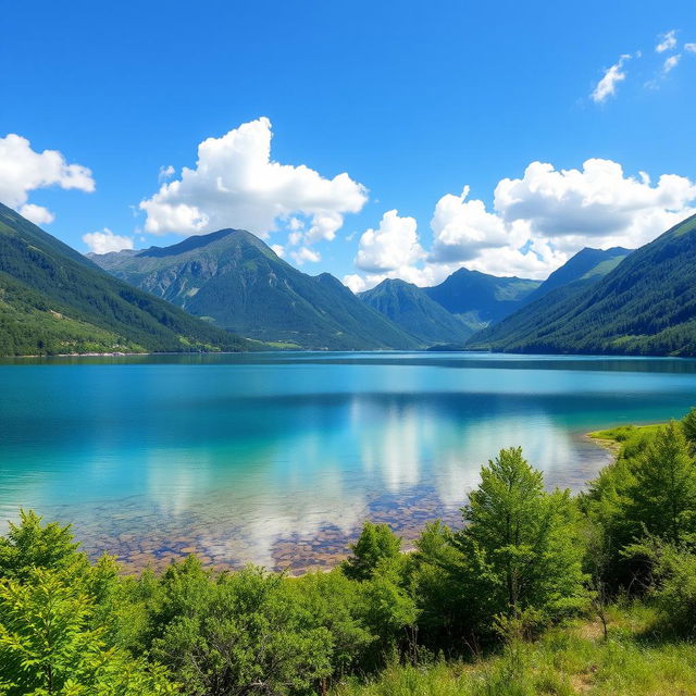 A serene landscape featuring a crystal-clear lake surrounded by lush green mountains and a bright blue sky with fluffy white clouds