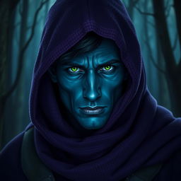 A handsome dark blue-skinned dark elf with angular, masculine features and bright green eyes