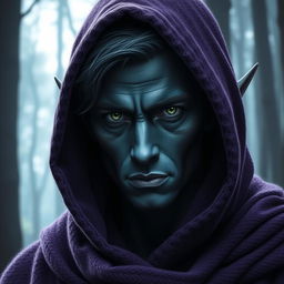 A handsome dark blue-skinned dark elf with angular, masculine features and bright green eyes