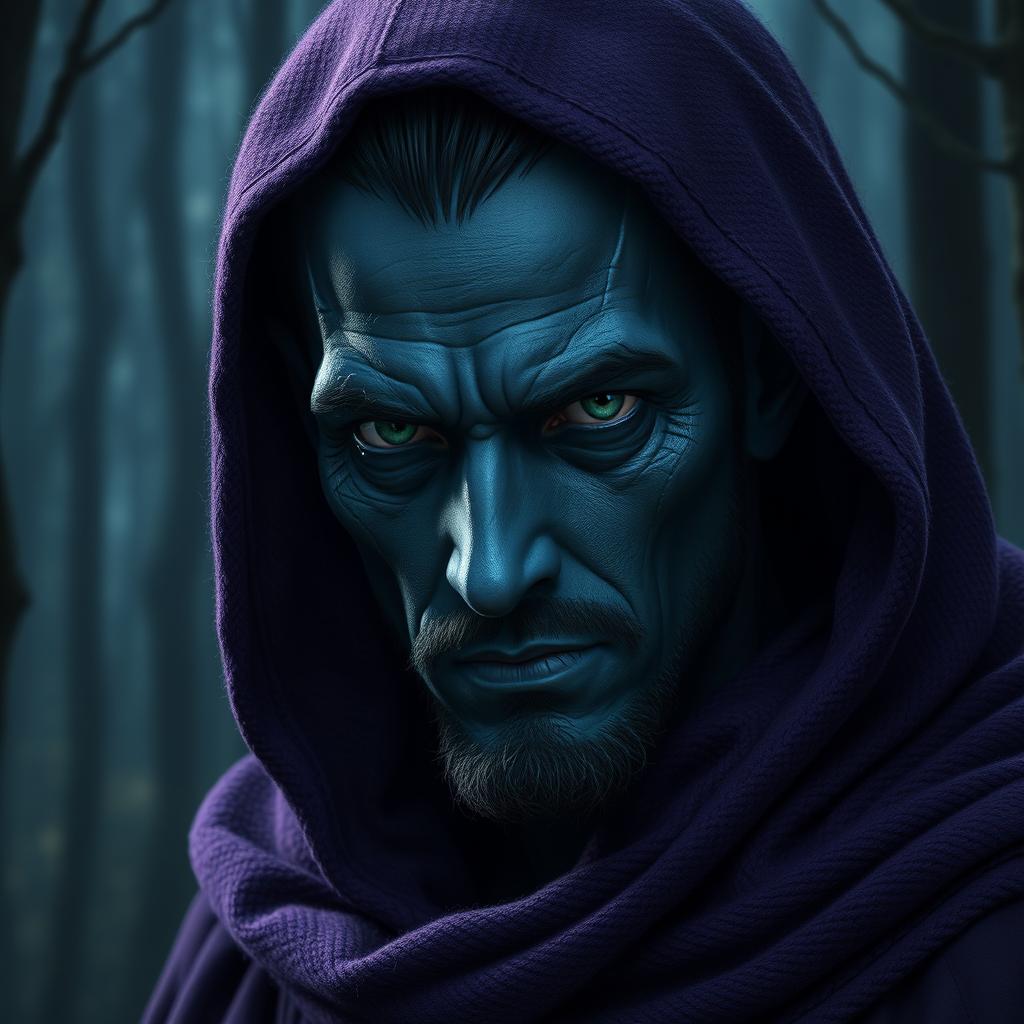 A handsome dark blue-skinned dark elf with angular, masculine features and bright green eyes