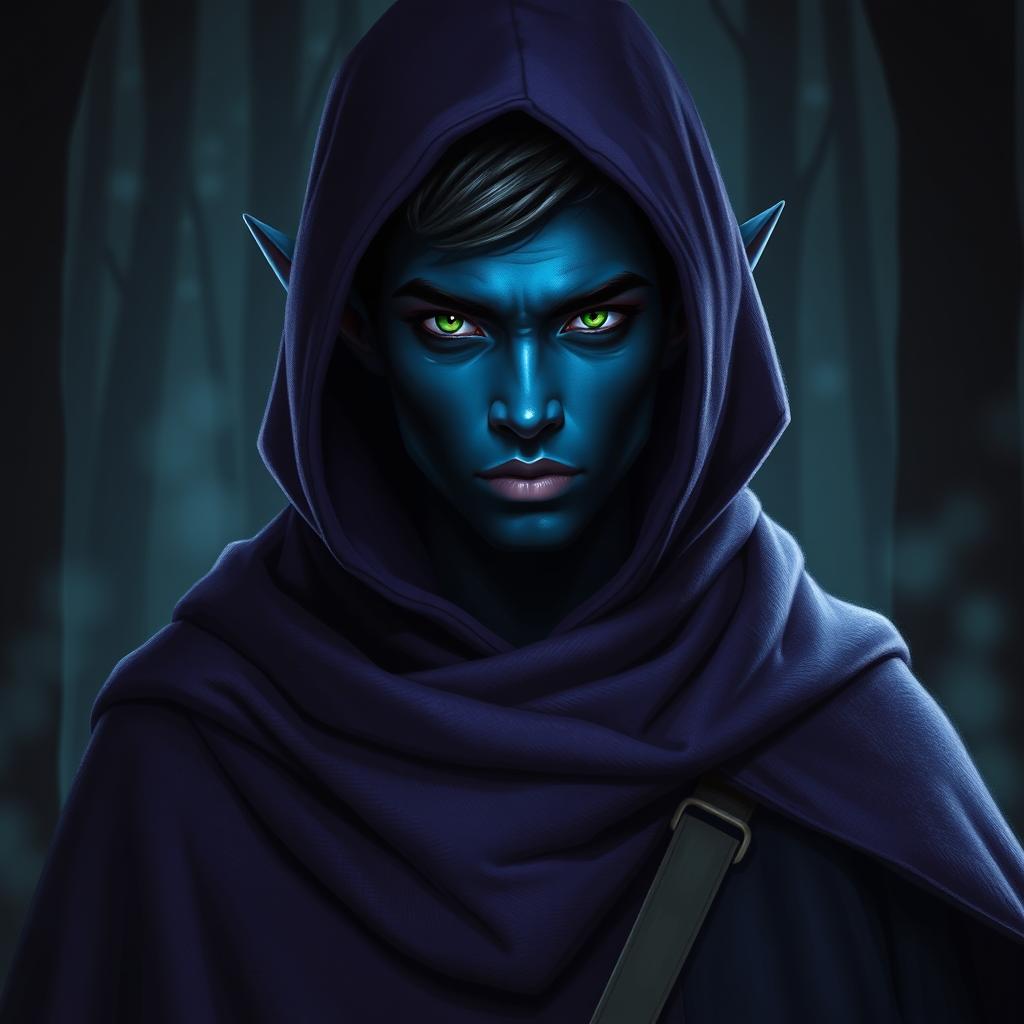 A handsome, young dark blue-skinned dark elf with angular, masculine features and bright green eyes