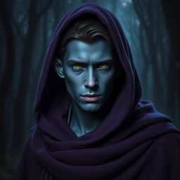 A handsome, young dark blue-skinned dark elf with angular, masculine features and bright green eyes