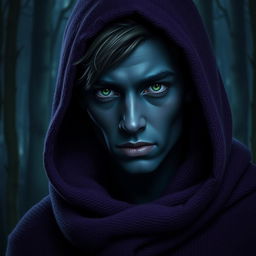 A handsome, young dark blue-skinned dark elf with angular, masculine features and bright green eyes
