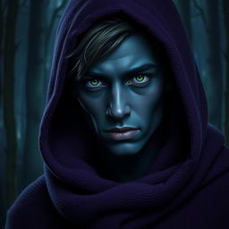 A handsome, young dark blue-skinned dark elf with angular, masculine features and bright green eyes