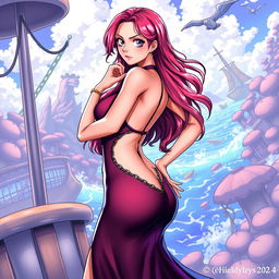 A detailed illustration of Nami from One Piece wearing a halter hollow out backless chain fishtail lingerie dress