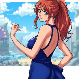 A detailed illustration of Nami from One Piece wearing a halter hollow out backless chain fishtail lingerie dress