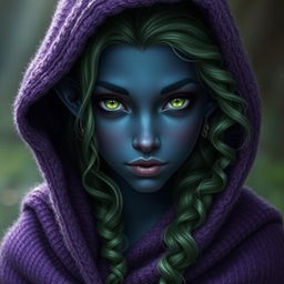 A beautiful, young dark blue-skinned dark elf with angular, feminine features and bright green eyes