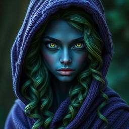 A beautiful, young dark blue-skinned dark elf with angular, feminine features and bright green eyes