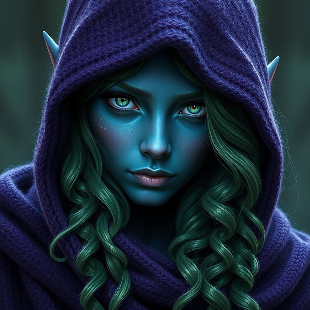 A beautiful, young dark blue-skinned dark elf with angular, feminine features and bright green eyes