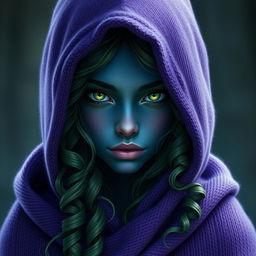 A beautiful, young dark blue-skinned dark elf with angular, feminine features and bright green eyes