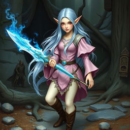 A pale-skinned elf woman with Rapunzel-length light blue hair and hazel eyes