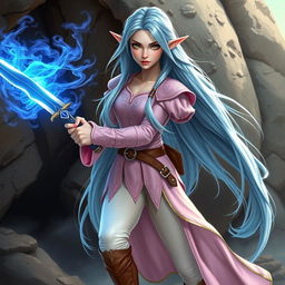 A pale-skinned elf woman with Rapunzel-length light blue hair and hazel eyes