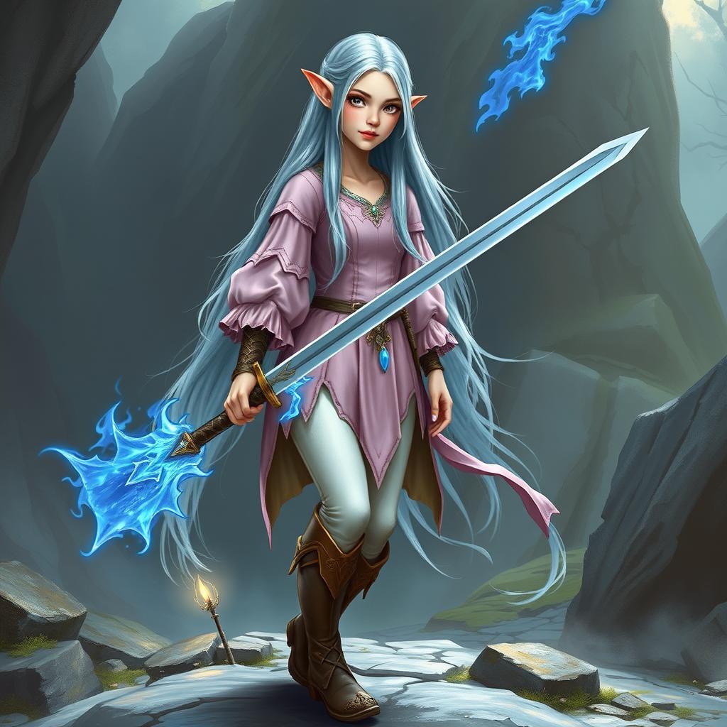 A tall, pale-skinned elf woman with Rapunzel-length light blue hair and hazel eyes