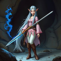 A tall, pale-skinned elf woman with Rapunzel-length light blue hair and hazel eyes