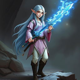 A tall, pale-skinned elf woman with Rapunzel-length light blue hair and hazel eyes