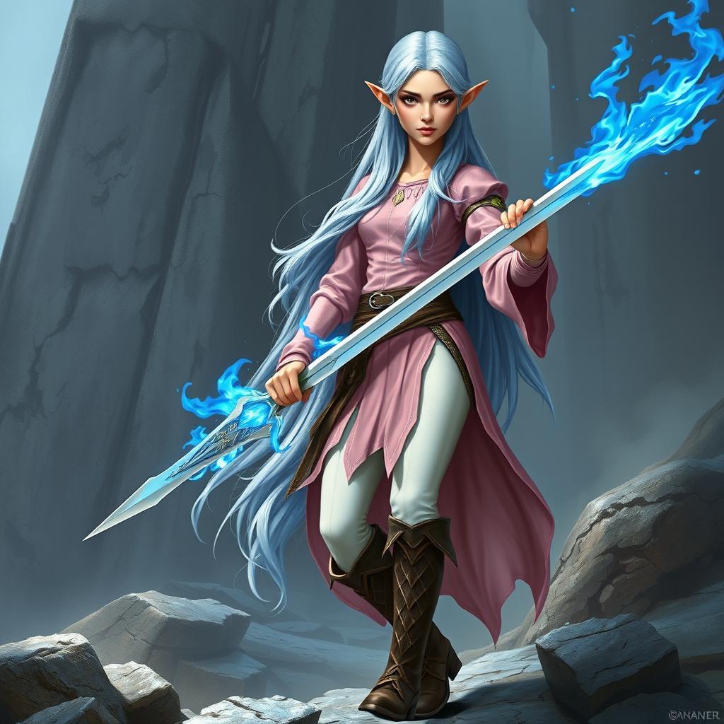 A tall, pale-skinned high elf woman with Rapunzel-length light blue hair and hazel eyes