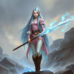 A tall, pale-skinned high elf woman with Rapunzel-length light blue hair and hazel eyes