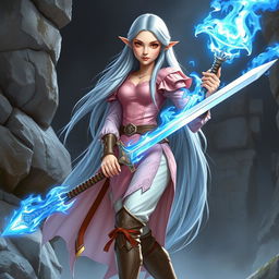 A tall, pale-skinned high elf woman with Rapunzel-length light blue hair and hazel eyes