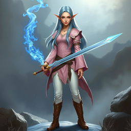 A tall, pale-skinned high elf woman with Rapunzel-length light blue hair and hazel eyes