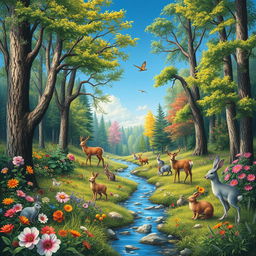 A detailed and vibrant image of a serene forest with a clear blue sky, colorful flowers, and a gentle stream flowing through