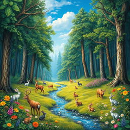 A detailed and vibrant image of a serene forest with a clear blue sky, colorful flowers, and a gentle stream flowing through