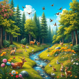 A detailed and vibrant image of a serene forest with a clear blue sky, colorful flowers, and a gentle stream flowing through