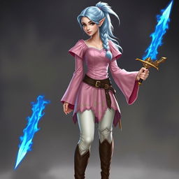 A tall, pale-skinned elf-dragonborn woman with Rapunzel-like light blue hair in a ponytail and hazel eyes