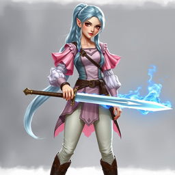 A tall, pale-skinned elf-dragonborn woman with Rapunzel-like light blue hair in a ponytail and hazel eyes