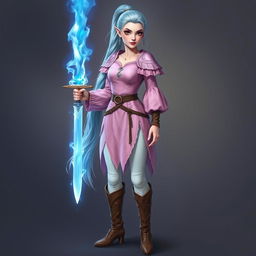 A tall, pale-skinned elf-dragonborn woman with Rapunzel-like light blue hair in a ponytail and hazel eyes