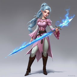 A tall, pale-skinned elf-dragonborn woman with Rapunzel-like light blue hair in a ponytail and hazel eyes