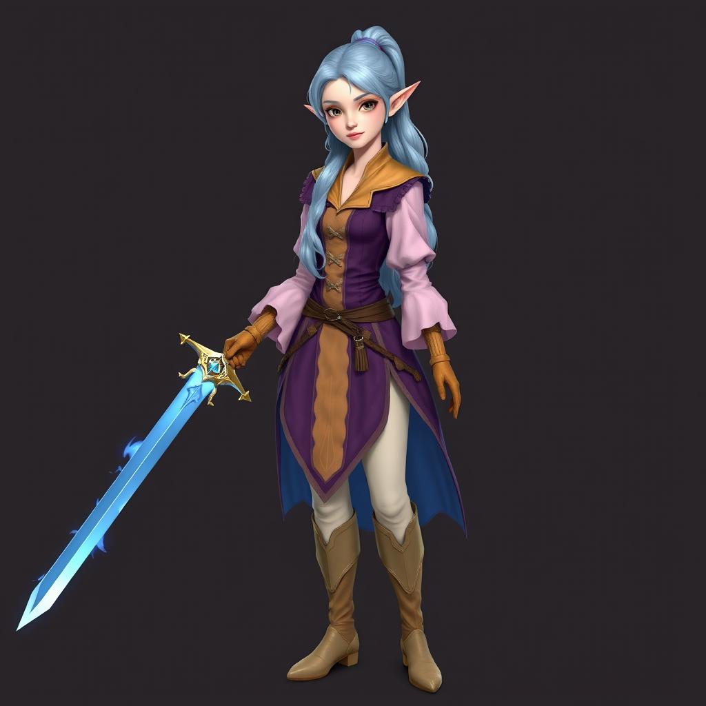 A tall, pale-skinned elf woman with Rapunzel-like light blue hair in a ponytail and grey eyes