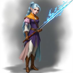 A tall, pale-skinned elf woman with Rapunzel-like light blue hair in a ponytail and grey eyes