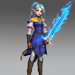 A tall, pale-skinned elf woman with Rapunzel-like light blue hair in a ponytail and grey eyes