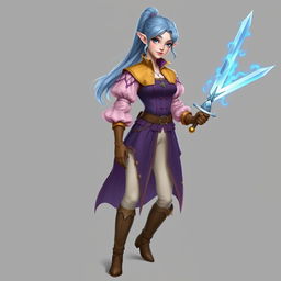 A tall, pale-skinned elf woman with Rapunzel-like light blue hair in a ponytail and grey eyes