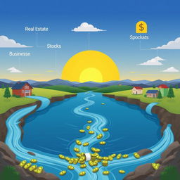 An illustration showing multiple passive income streams, including real estate, stocks, online businesses, and investments