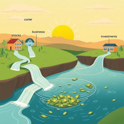An illustration showing multiple passive income streams, including real estate, stocks, online businesses, and investments